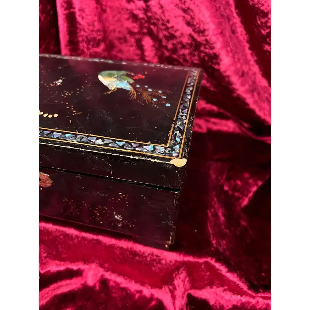 Vintage Black Lacquer Jewelry Box - Mother of Pearl Painted Peacock Vanity Chest